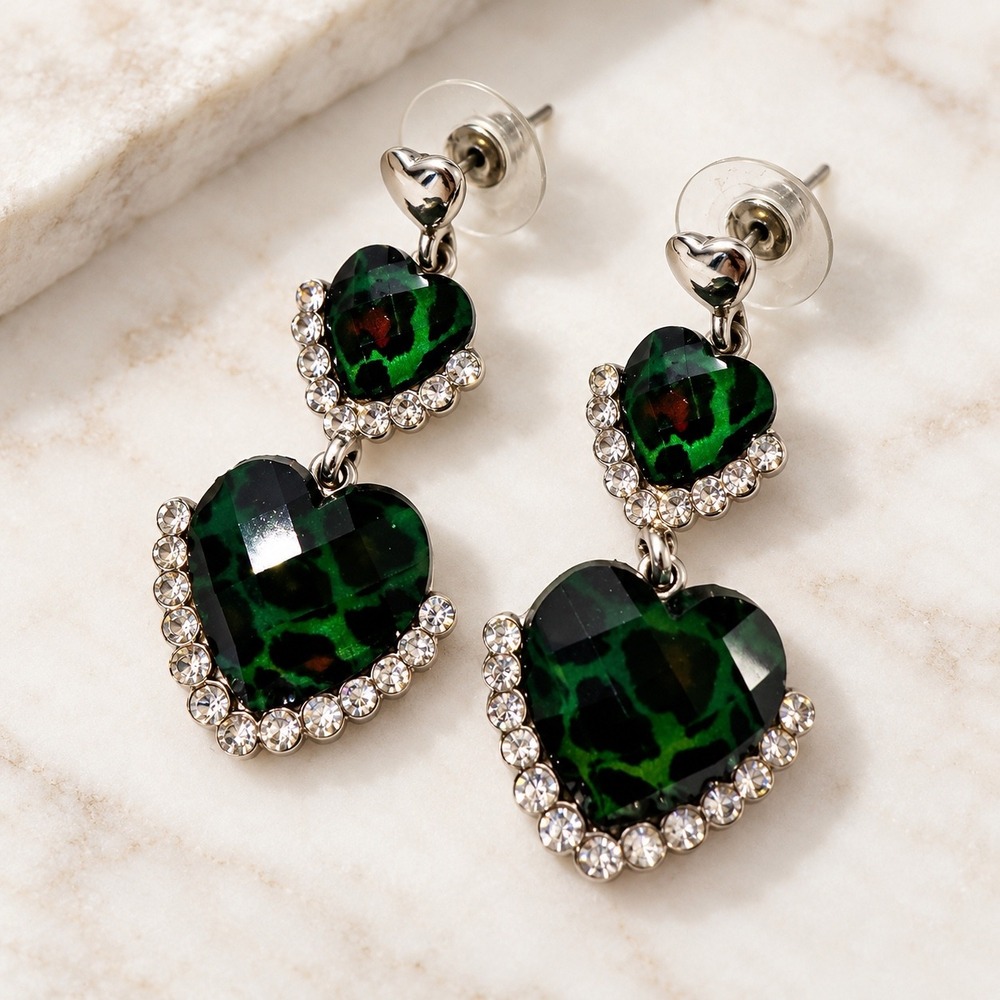 Green Leopard Print Heart Drop Earrings Rhinestone Halo Silver Tone Tiered
